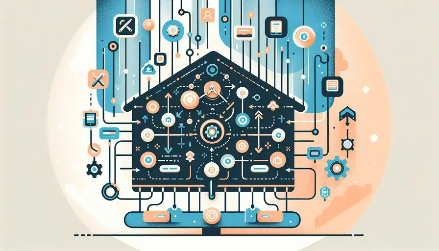 Illustration eines vernetzten Smart Homes, die Digitalisierung und Automatisierung in Wohnhäusern thematisiert.
